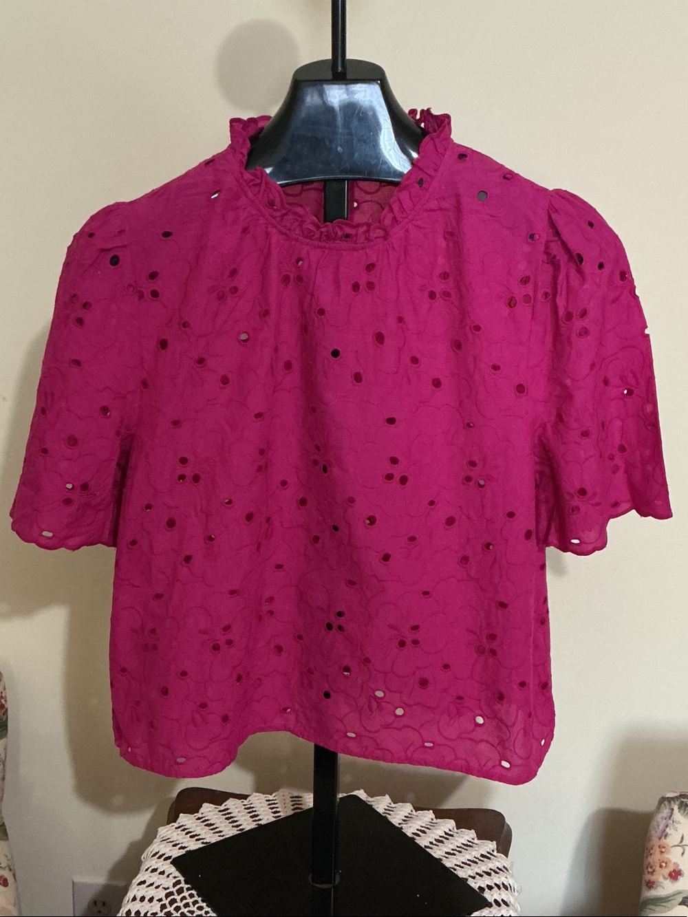 Women's Fuchsia Eyelet Ruffle Neck Top